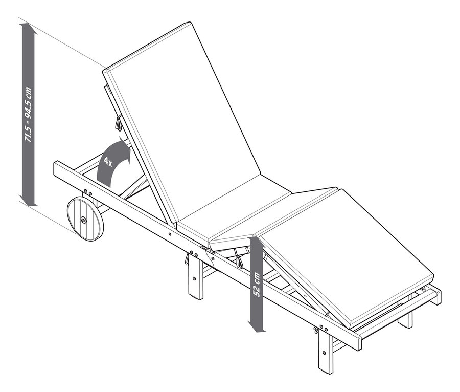 Obrázek klasického zahradního lehátka s nastavitelným opěradlem a kolečky.