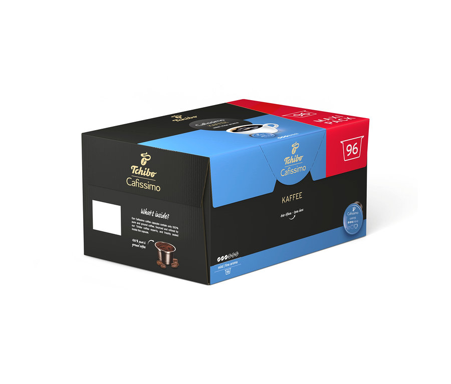 Černá a modrá krabice Tchibo Cafissimo Maxi Pack s 96 kapslemi Jemná káva, s obrázkem šálku kávy na vrchu.