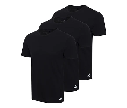 Tři černá trička adidas Active Core s krátkým rukávem a kulatým výstřihem, uspořádaná diagonálně, každé s malým bílým logem adidas na levém spodním lemu.