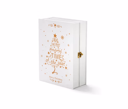 Bílý adventní kalendář s LED světly se zlatým potiskem vánočního stromku a zámkem.