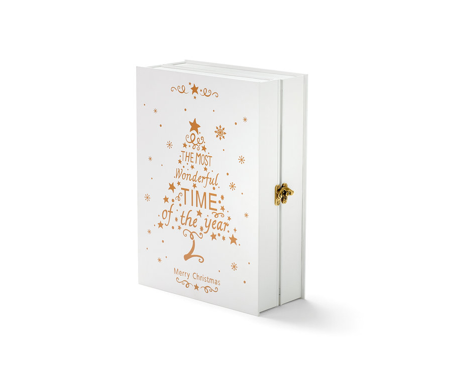 Bílý adventní kalendář s LED světly se zlatým potiskem vánočního stromku a zámkem.