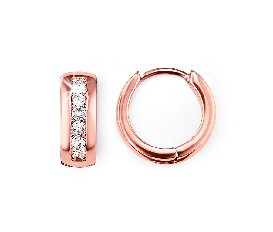 Dvoje kruhové náušnice s kamínky Swarovski® na bílém pozadí.