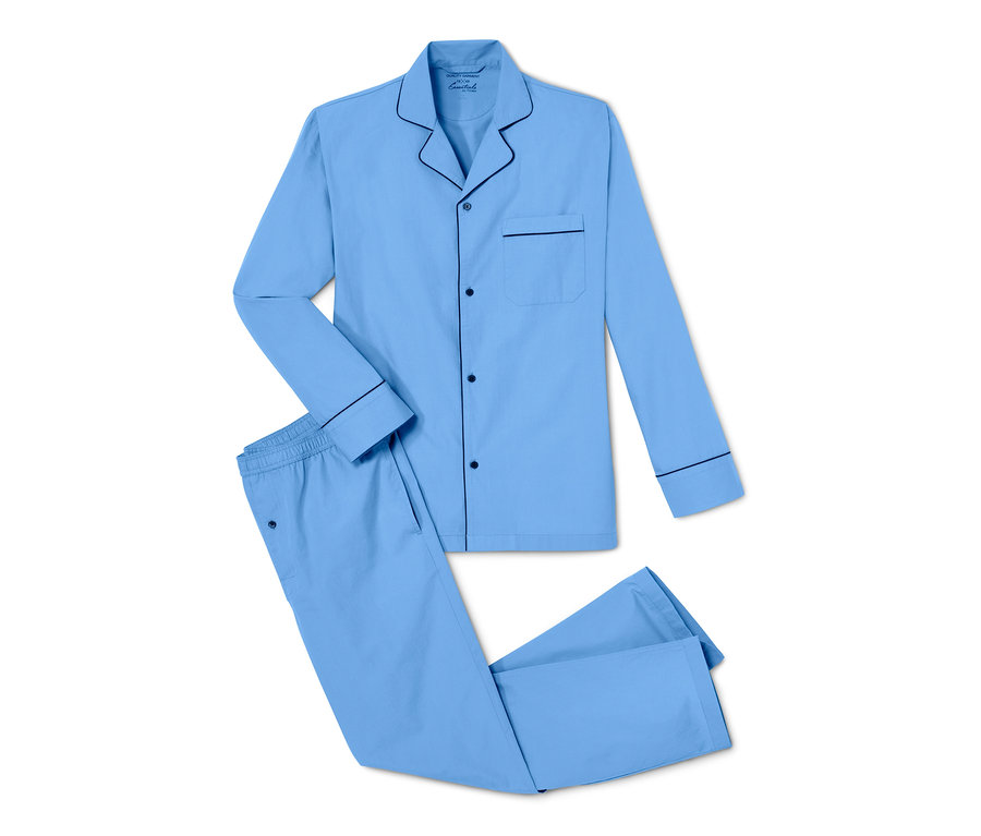 Modré tkané pyžamo s knoflíky a lemováním.