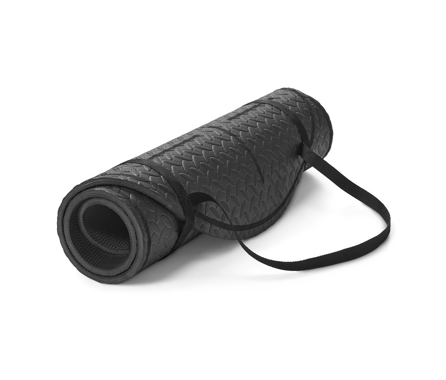 Srolovaná černá podložka na fitness a skákání přes švihadlo se dvěma popruhy.