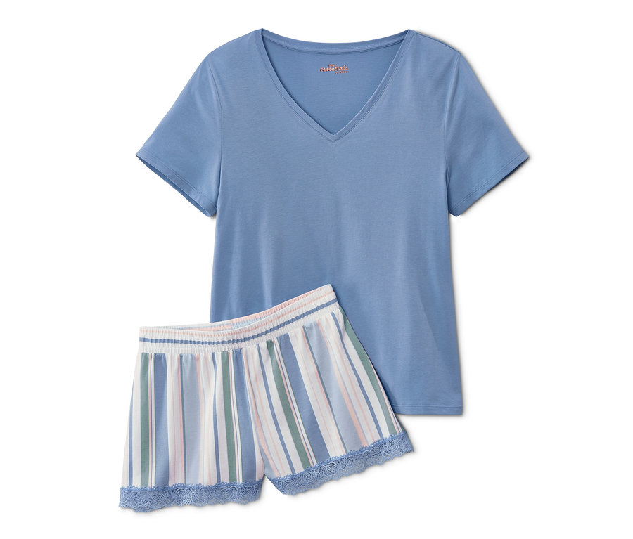 Krátké pyžamo: Modré tričko s krátkým rukávem a pruhované šortky s krajkou.