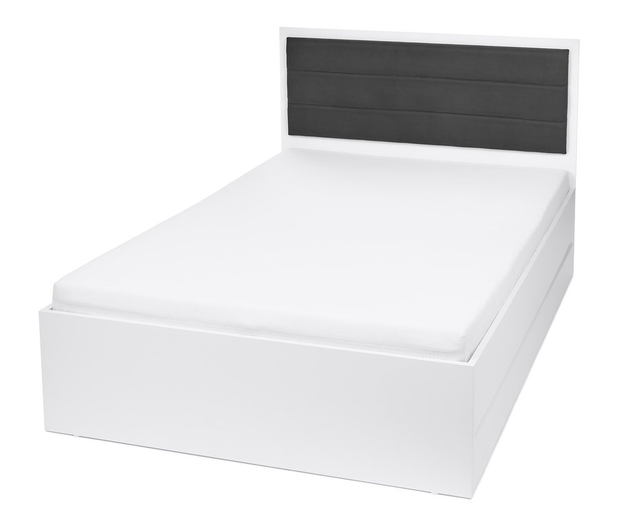 Postel s úložným prostorem, cca 140 x 200 cm, s bílým rámem a tmavě šedým čelem.