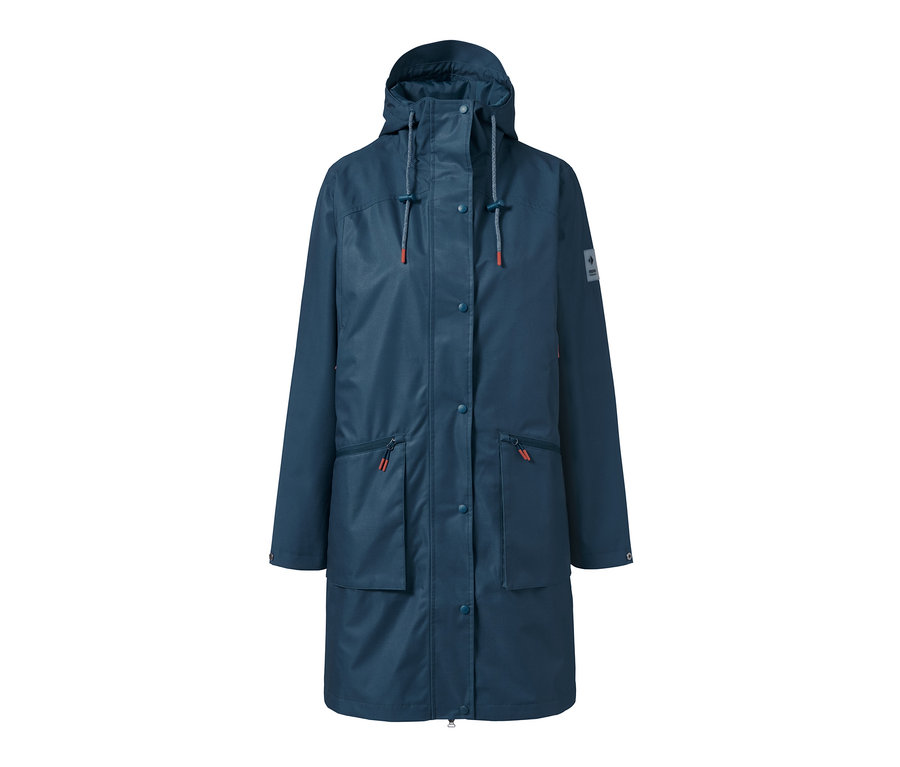 Tmavě modrá funkční parka do deště s kapucí, zapínáním na knoflíky a kapsami.