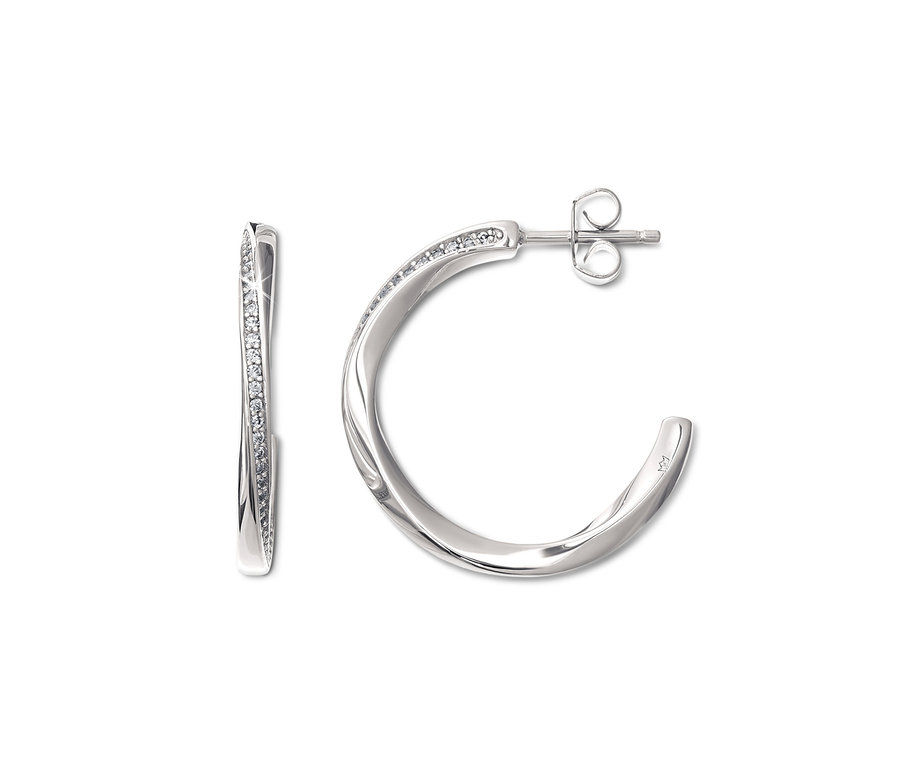 Dvě kreolky Circle z rhodiovaného stříbra 925/1000 se zirkony leží na bílém pozadí.