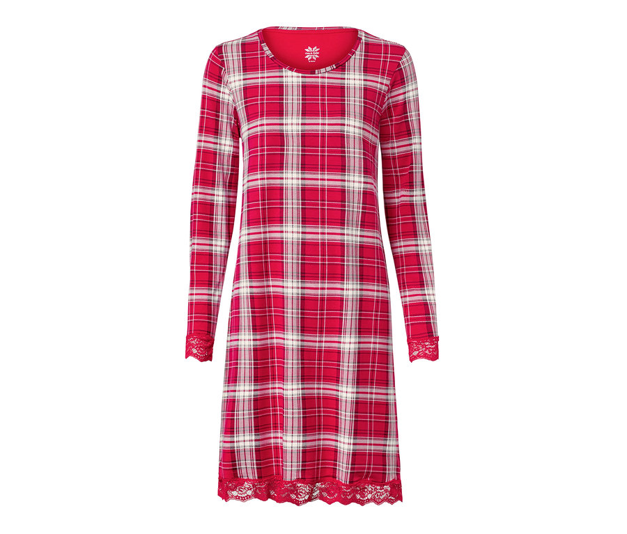 Červená kostkovaná noční košile s krajkovým lemem.