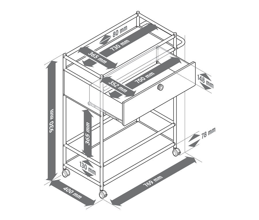 Nákres kovového barového vozíku se zásuvkou a rozměry.