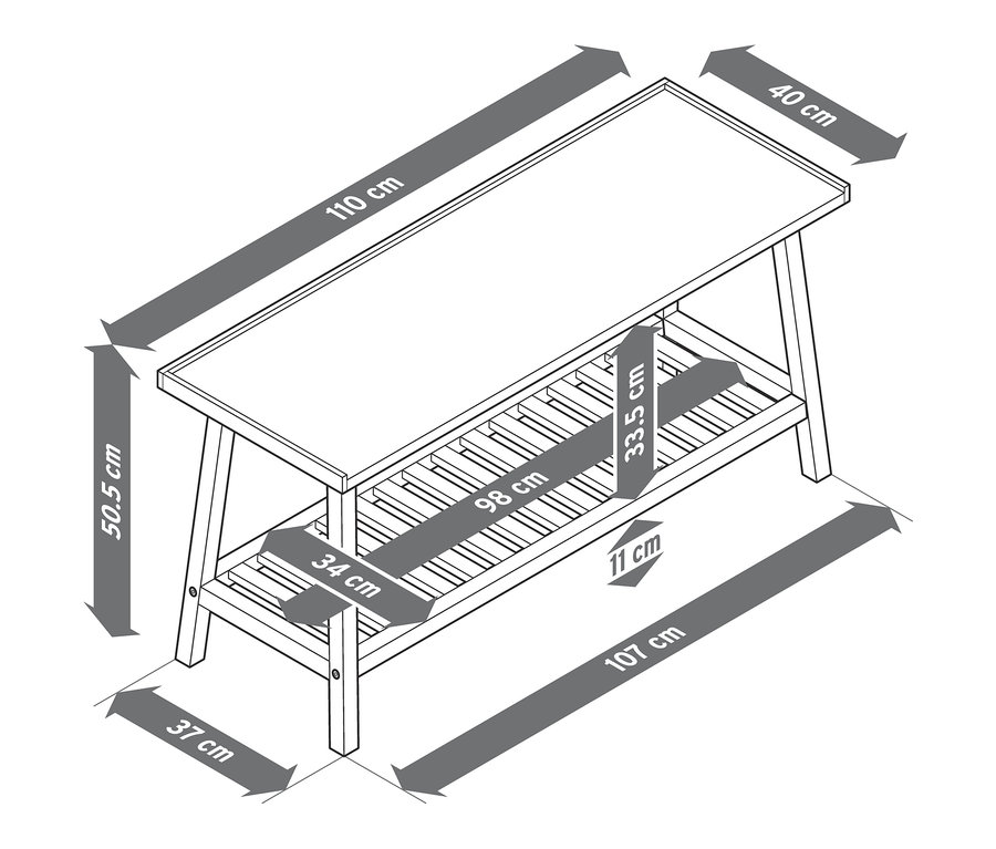 Nákres lavice na sezení s odkládací plochou a rozměry.