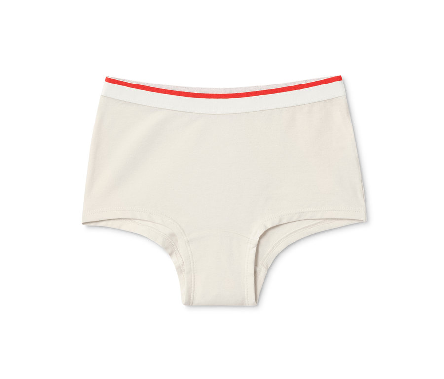 Béžové dívčí kalhotky se světlým pasem s červeným pruhem. Kalhotky Dívčí kalhotky, 7 ks, modrá.