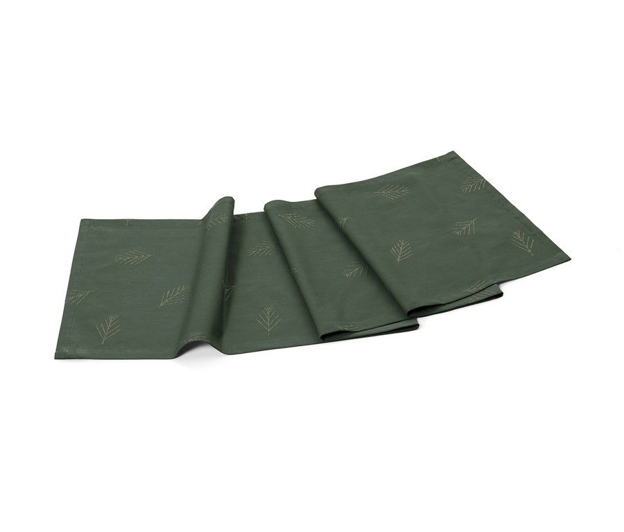 Zelený žakárový běhoun na stůl se vzorem jehličí.