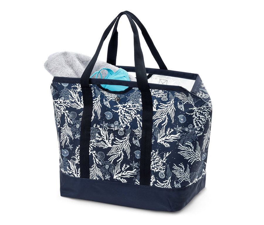 Tmavě modrá plážová taška Nepromokavá plážová taška s bílým potiskem korálů a mořských živočichů.