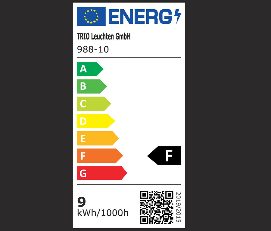 Energetický štítek spotřebiče s třídou F, spotřebou 9 kWh/1000h a QR kódem.