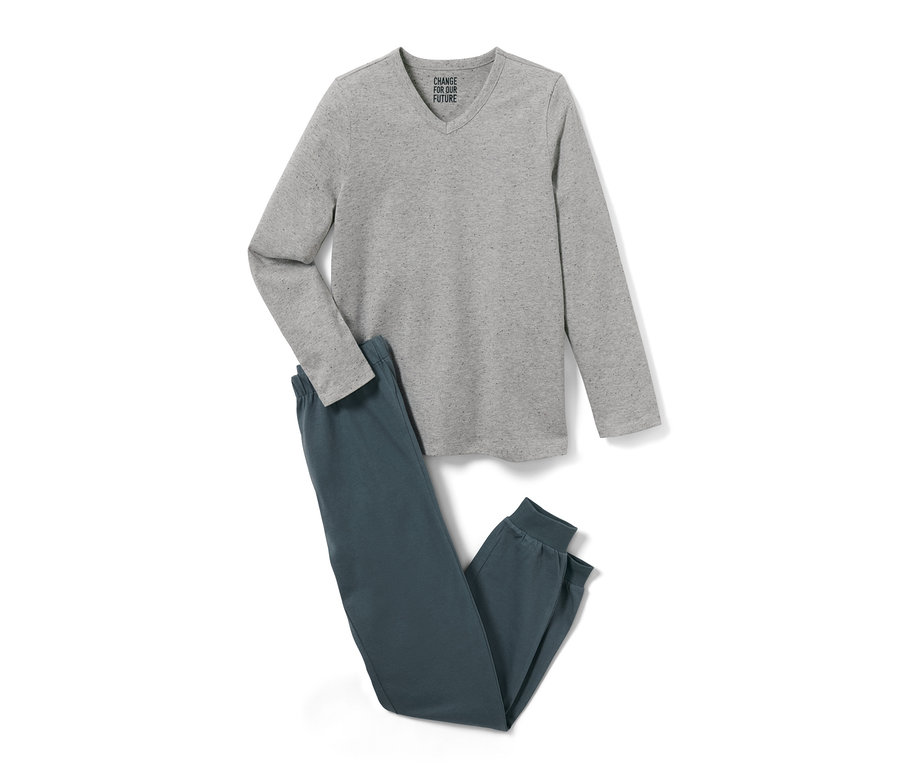 Dětská pyžama, 2 ks, šedé tričko s dlouhým rukávem a modré kalhoty.