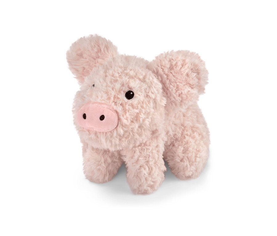 Plyšové prasátko stojí na bílém pozadí.