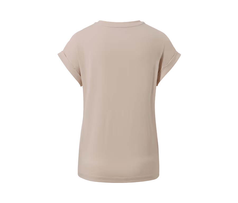 Béžové tričko s potiskem.