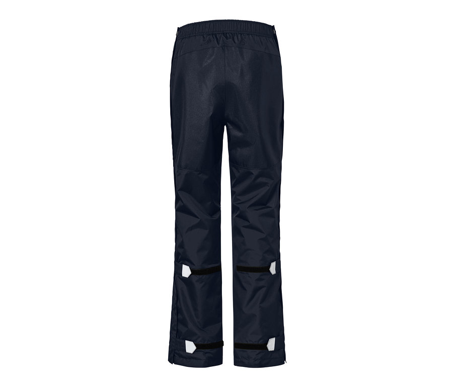 Tmavě modré unisexové high-tech kalhoty do deště zezadu.