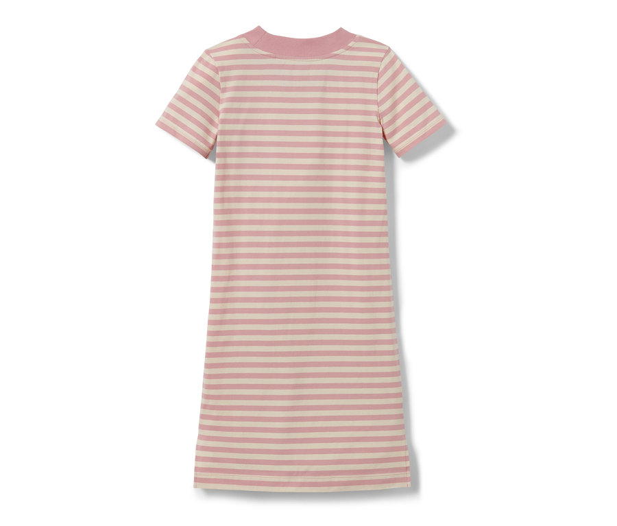 Dívčí žerzejové šaty s růžovými a krémovými vodorovnými pruhy.