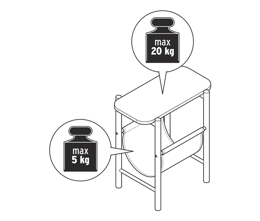Ilustrace servírovacího stolku s odkládací plochou s poutky a s maximální nosností 20 kg na horní desce a 5 kg na odkládací ploše.