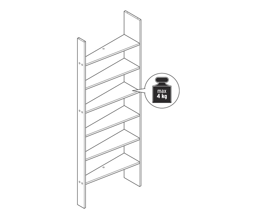 Ilustrace bílého regálu za dveře se sedmi policemi a maximální nosností 4 kg.