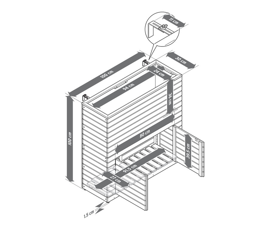 Ilustrace prvku pro rozdělení prostoru s truhlíkem »Tinus« a úložnou skříňkou s uvedenými rozměry.