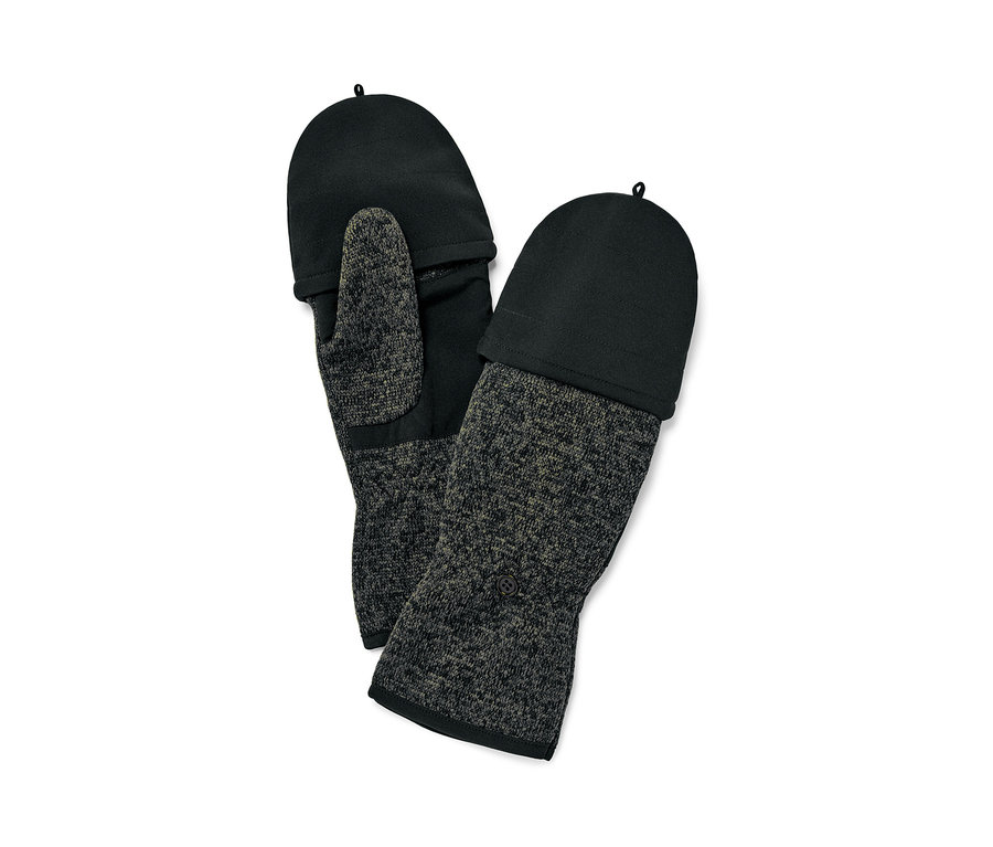 Dvoje odklápěcí palčáky z pleteného fleecu leží vedle sebe.