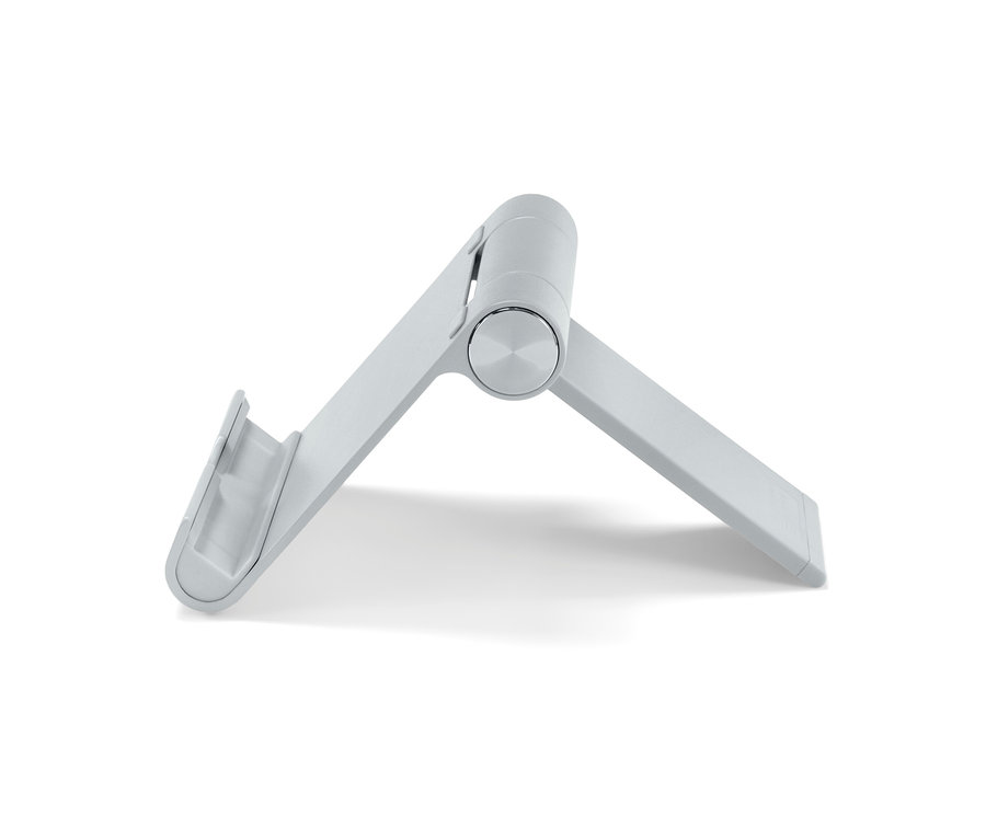 Šedý stojan na smartphone a tablet.