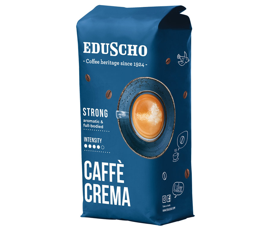 Modré balení zrnkové kávy Eduscho Caffè Crema Strong 1 kg.