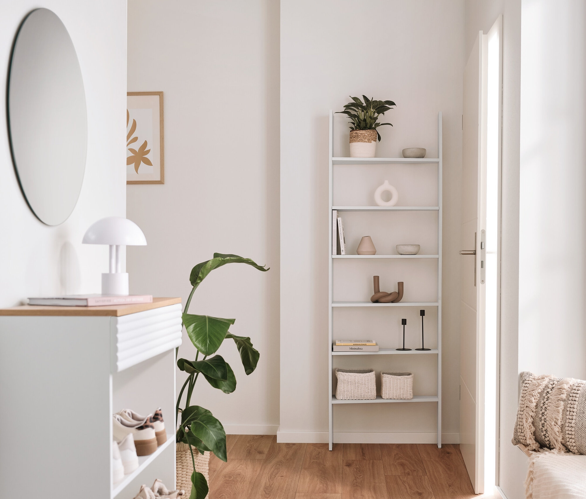 Vstupní hala s konzolovou skříňkou se zásuvkou, regálem za dveře a zrcadlem.