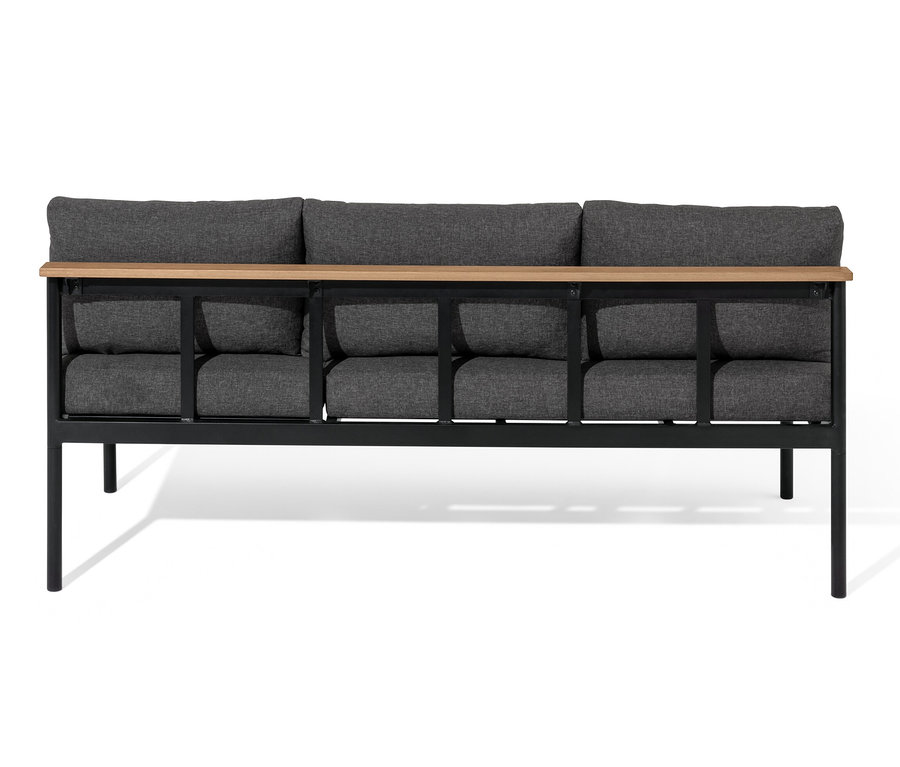 Čelní pohled na jídelní lavici a lehátko 2 v 1 »Elin« s šesti šedými podsedáky a opěradly a světlým dřevěným rámem.