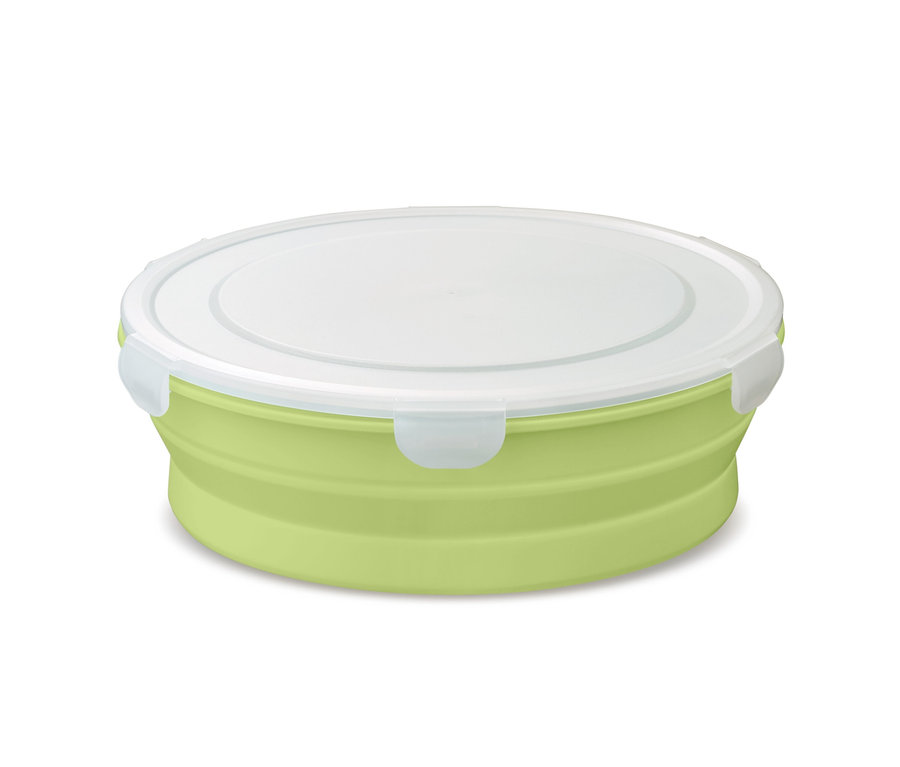 Zelená skládací salátová mísa s bílým víkem.