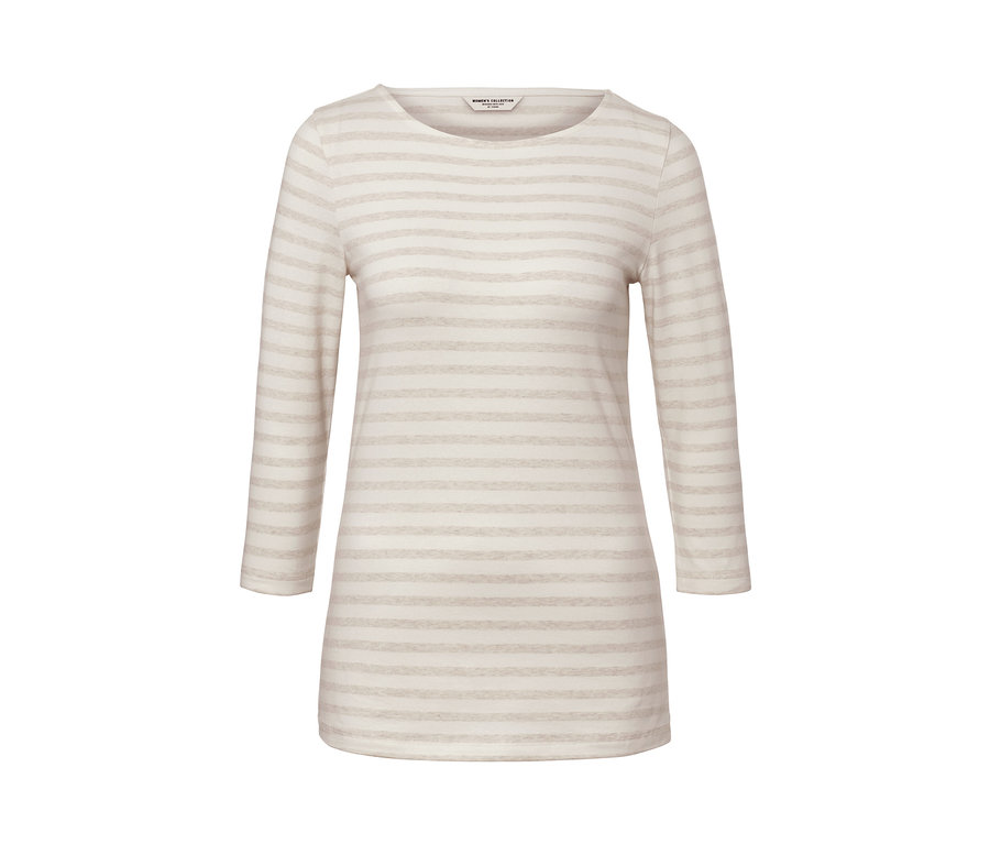 Bílo-béžové tričko s 3/4 rukávem a vodorovnými proužky.