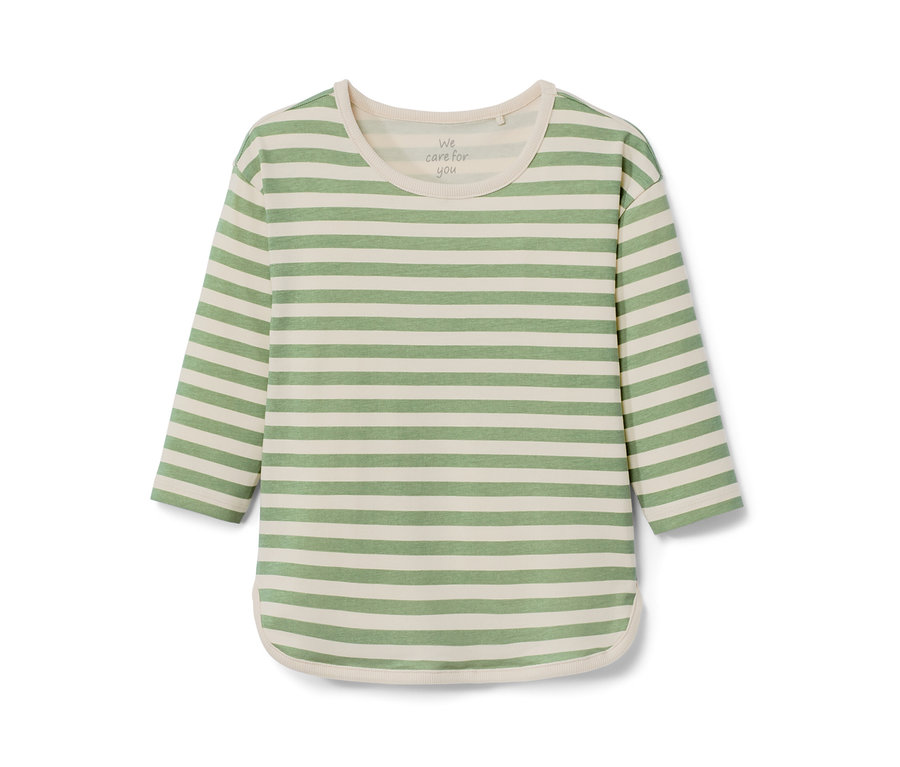 Zelenobílé pruhované dětské triko s dlouhým rukávem.
