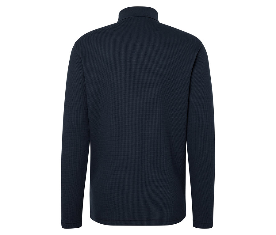 Tmavě modrý svetr s dlouhým rukávem a texturou.