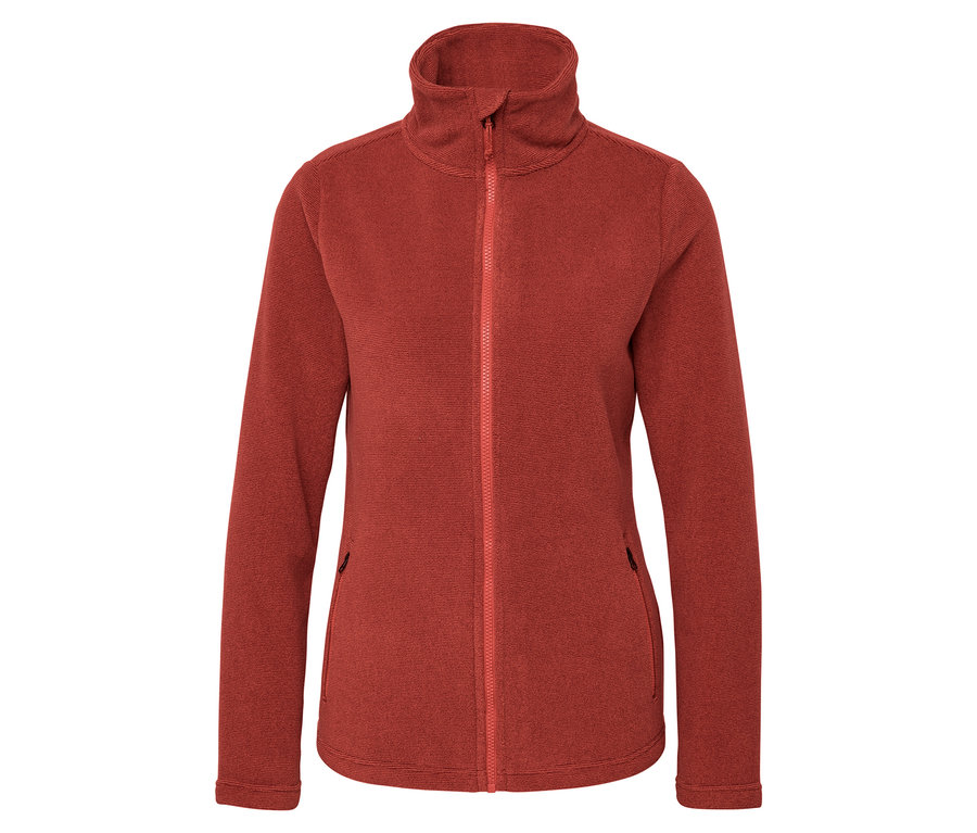 Oranžová fleecová bunda se zipem uprostřed.