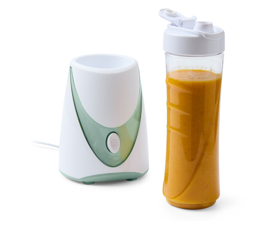 Mixér na smoothie, 250 W, s nádobou naplněnou oranžovým smoothie.