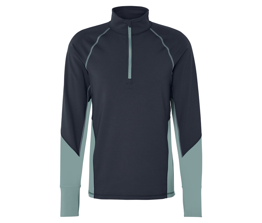 Tmavě modré tričko s dlouhým rukávem a světle modrými vsadkami a zipem.