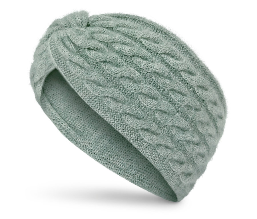 Světle zelená pletená čelenka s uzlem.