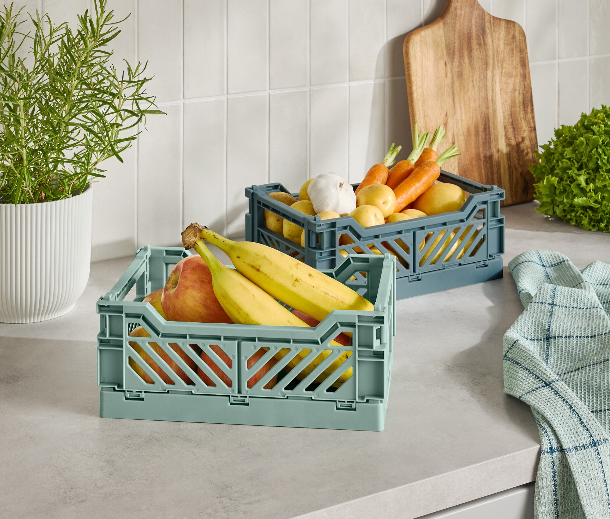 Dva plastové košíky s ovocem a zeleninou na kuchyňské lince.