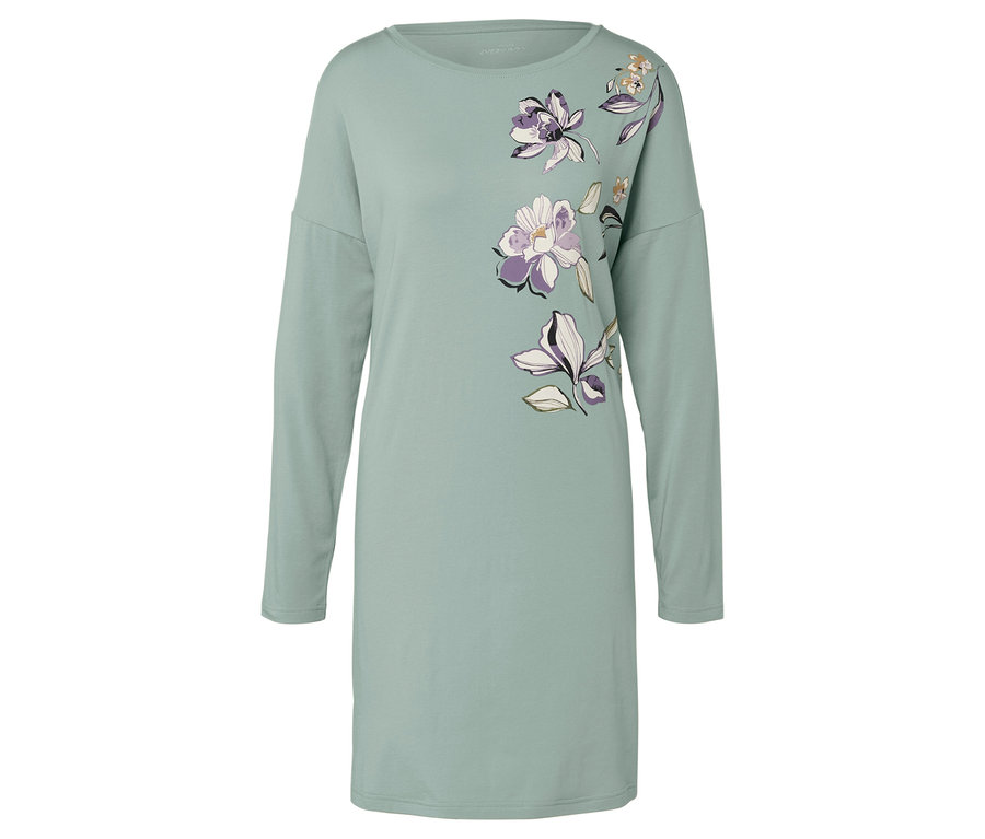 Svetle zelené šaty s dlouhým rukávem a květinovým potiskem.