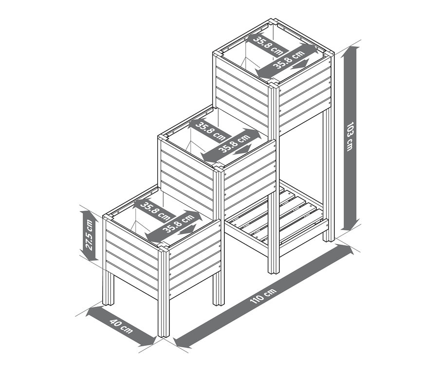 Náčrt truhlíkových schodů »Tinus« s policí. Rozměry jsou uvedeny.