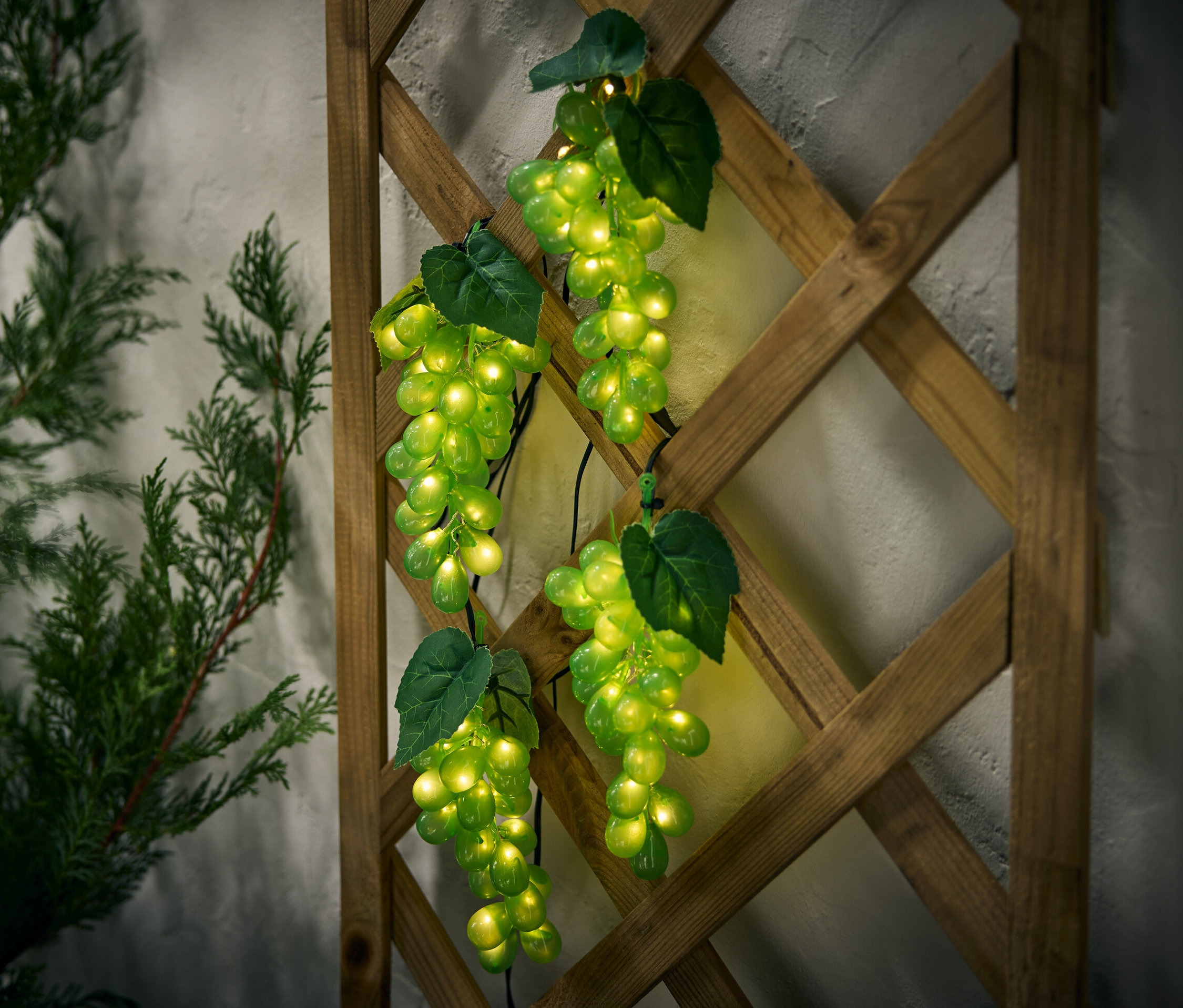 Na dřevěné mříži visí solární světelný řetěz »Vinný hrozen«.