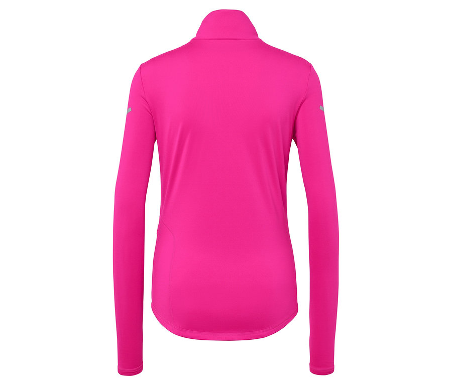 Zadní pohled na růžový sportovní top s dlouhým rukávem a zipem.