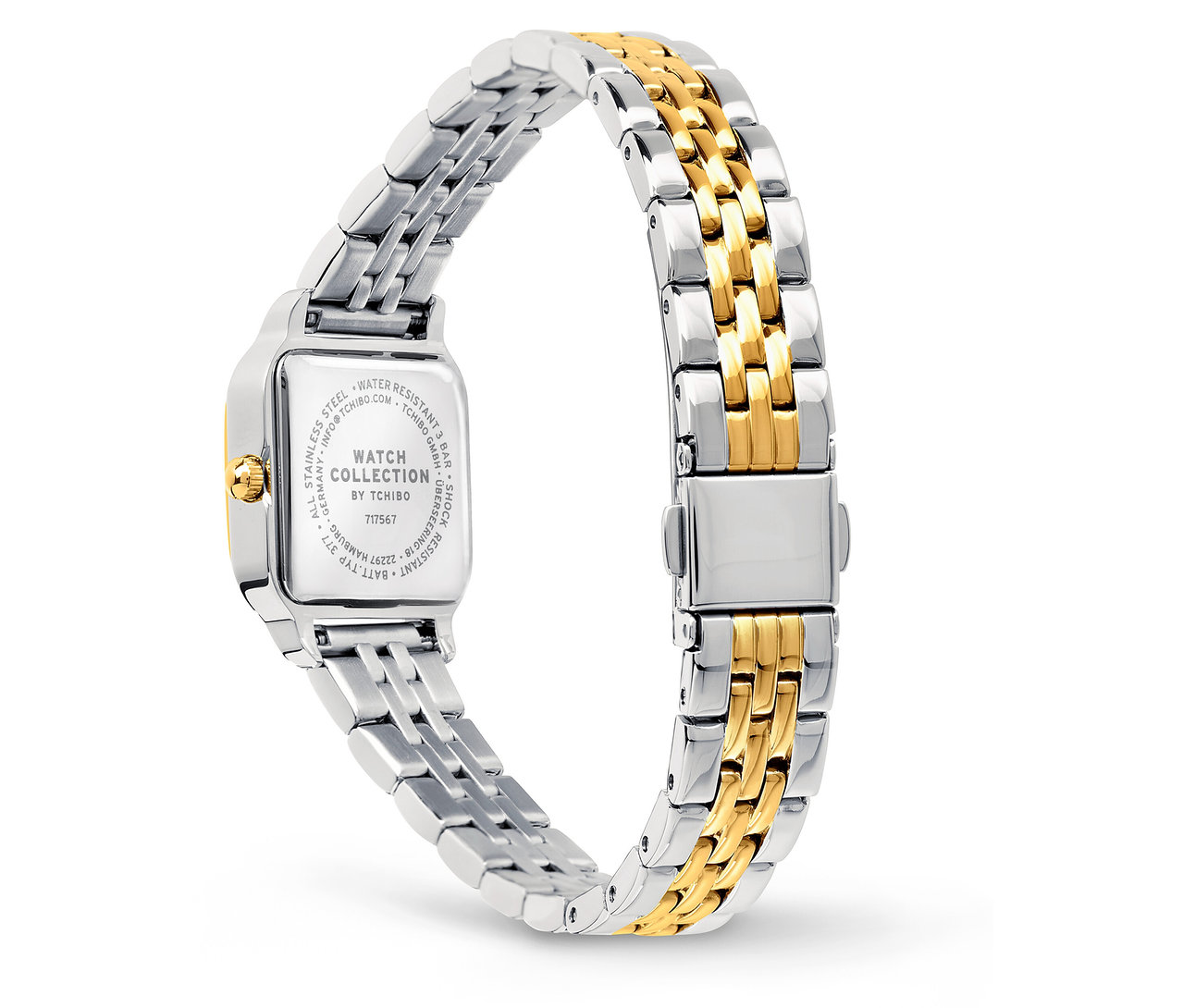 Detail stříbrno-zlatých hodinek s kovovým páskem a čtvercovým ciferníkem.