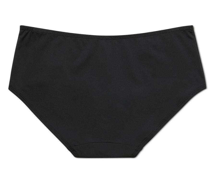 Černé kalhotky s vysokým pasem na bílém pozadí.