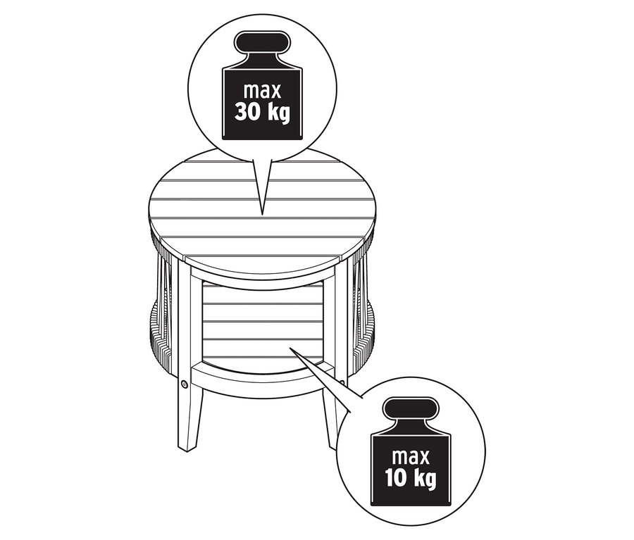 Ilustrace zahradního odkládacího stolku s odnímatelnou deskou, průměr cca 50 cm, s informacemi o hmotnosti.