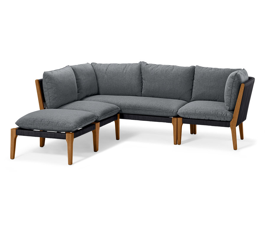 Šedá zahradní sedací souprava s lenoškou.