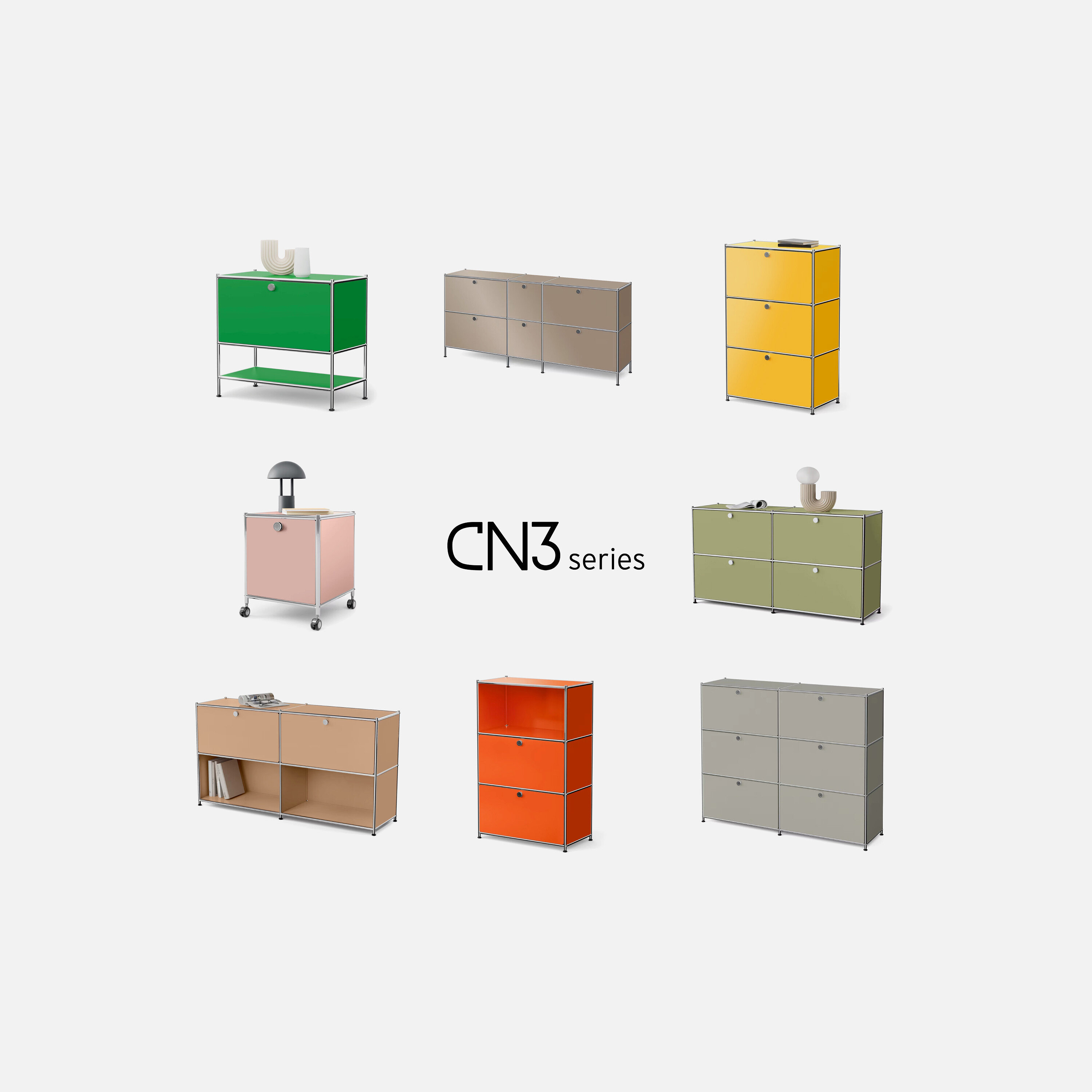 Devět modulárních nábytkových systémů USM v zelené, béžové, žluté, růžové, světle zelené, oranžové a šedé barvě je uspořádáno do mřížky.